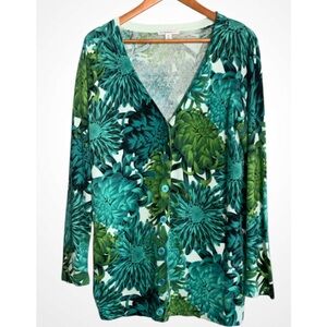 Isaac Mizrahi Cotton Green & Turquoise Floral Knit Sweater Cardigan Medium